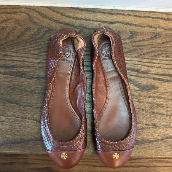 Tory Burch York Brown Leather Python Scale Cap Toe Ballet Flats Size 6 EUC - Picture 3 of 8